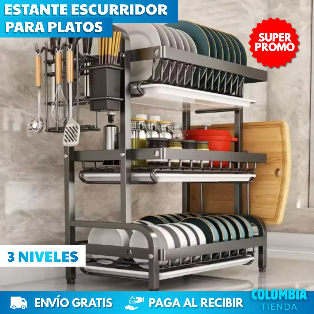 ESTANTE ESCURRIDOR PARA PLATOS 3 NIVELES (TAMAÑO GRANDE)